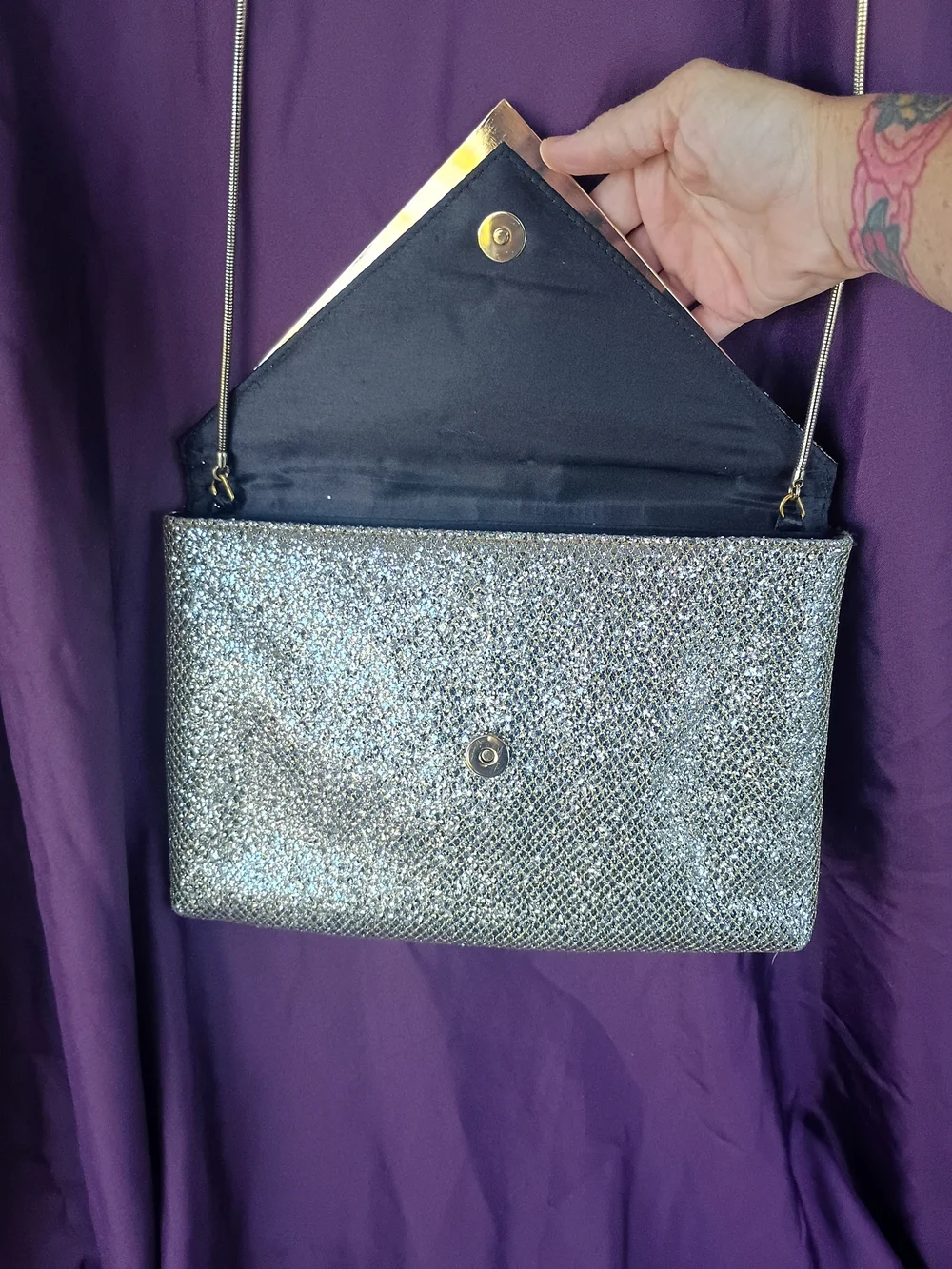 Gianni Bini Silver Glitter Envelope Clutch with Gold V Detail
